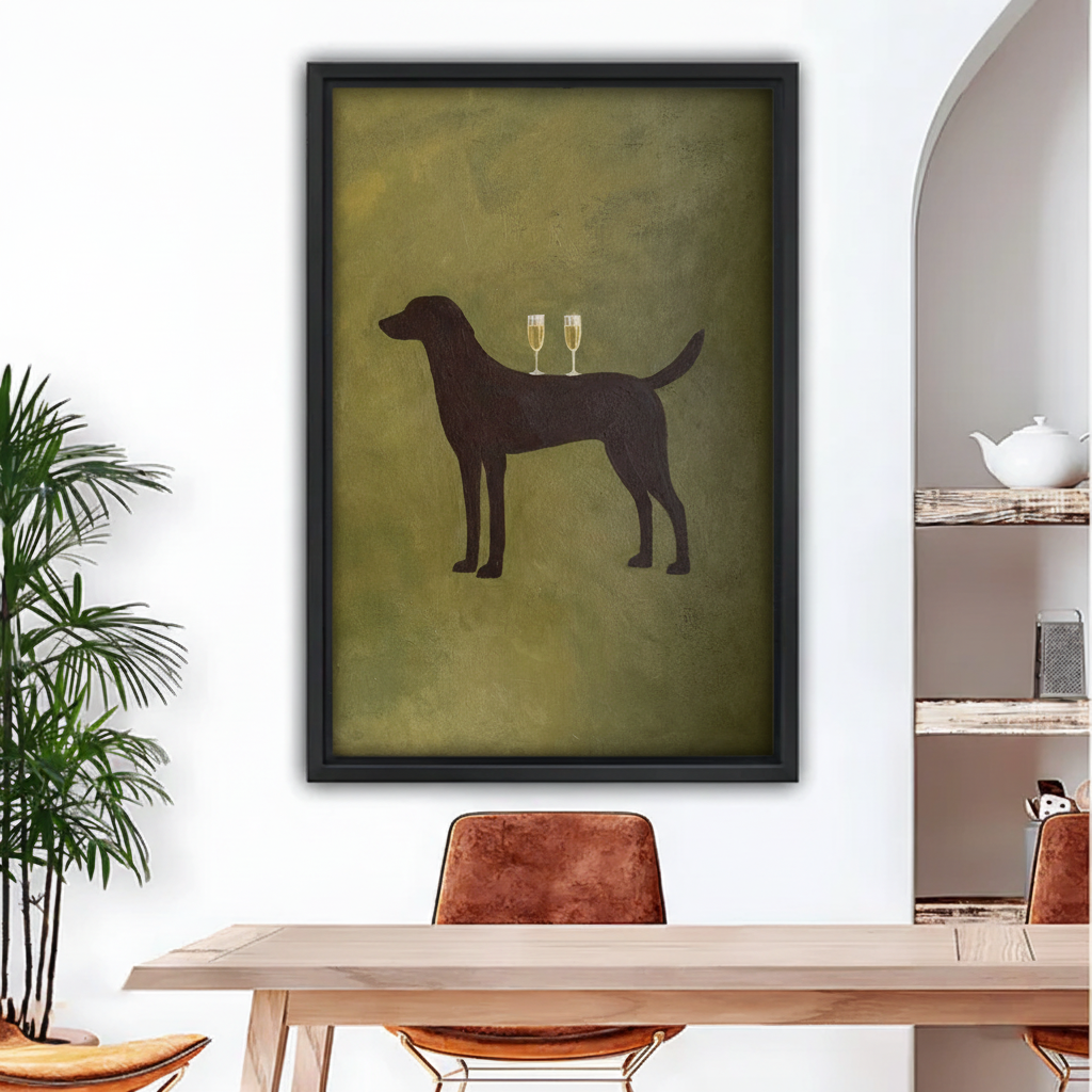 Vintage dog champagne silhouette black framed art print on white wall above wooden dining table
