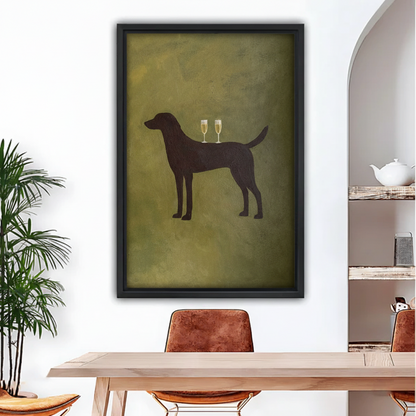 Vintage dog champagne silhouette black framed art print on white wall above wooden dining table

