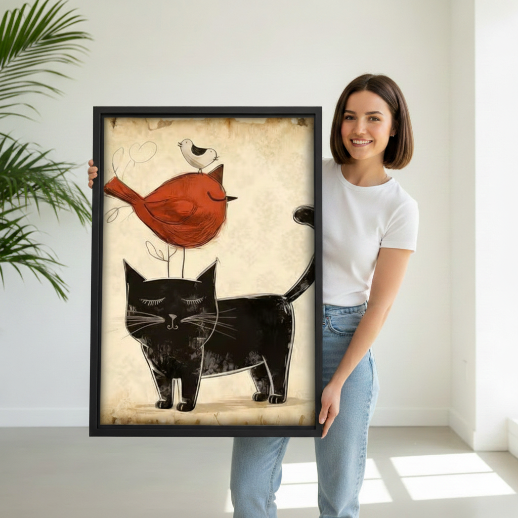 Woman holding large framed vintage black cat red bird canvas print, whimsical hand-drawn cat with robin wall art size reference photo
