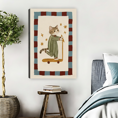 Cute Cat Riding Scooter Vintage Illustration Framed Canvas Art| Liberty Signs #L1655