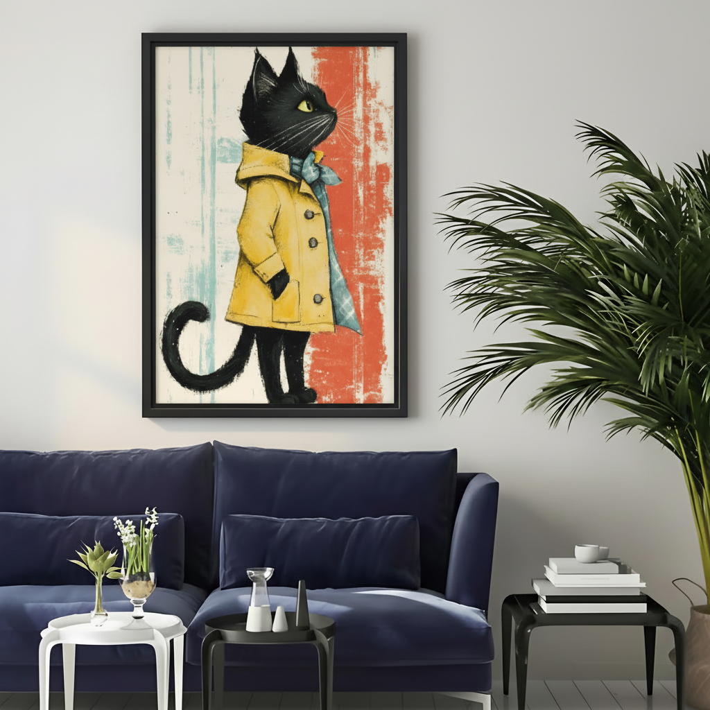 Fashionable Black Cat Yellow Coat Framed Canvas Art|Liberty Signs#L1773