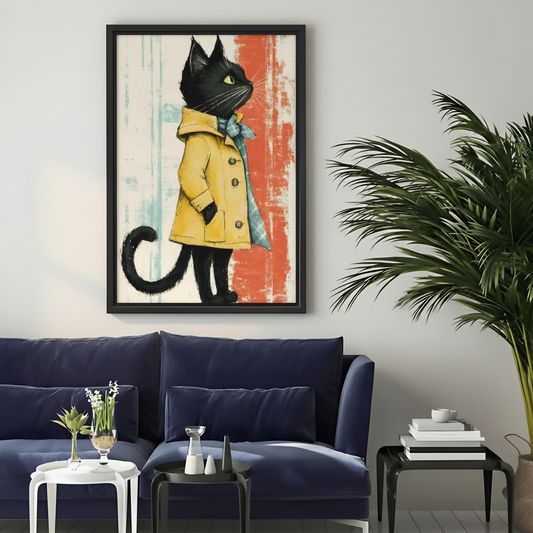 Fashionable Black Cat Yellow Coat Framed Canvas Art|Liberty Signs#L1773