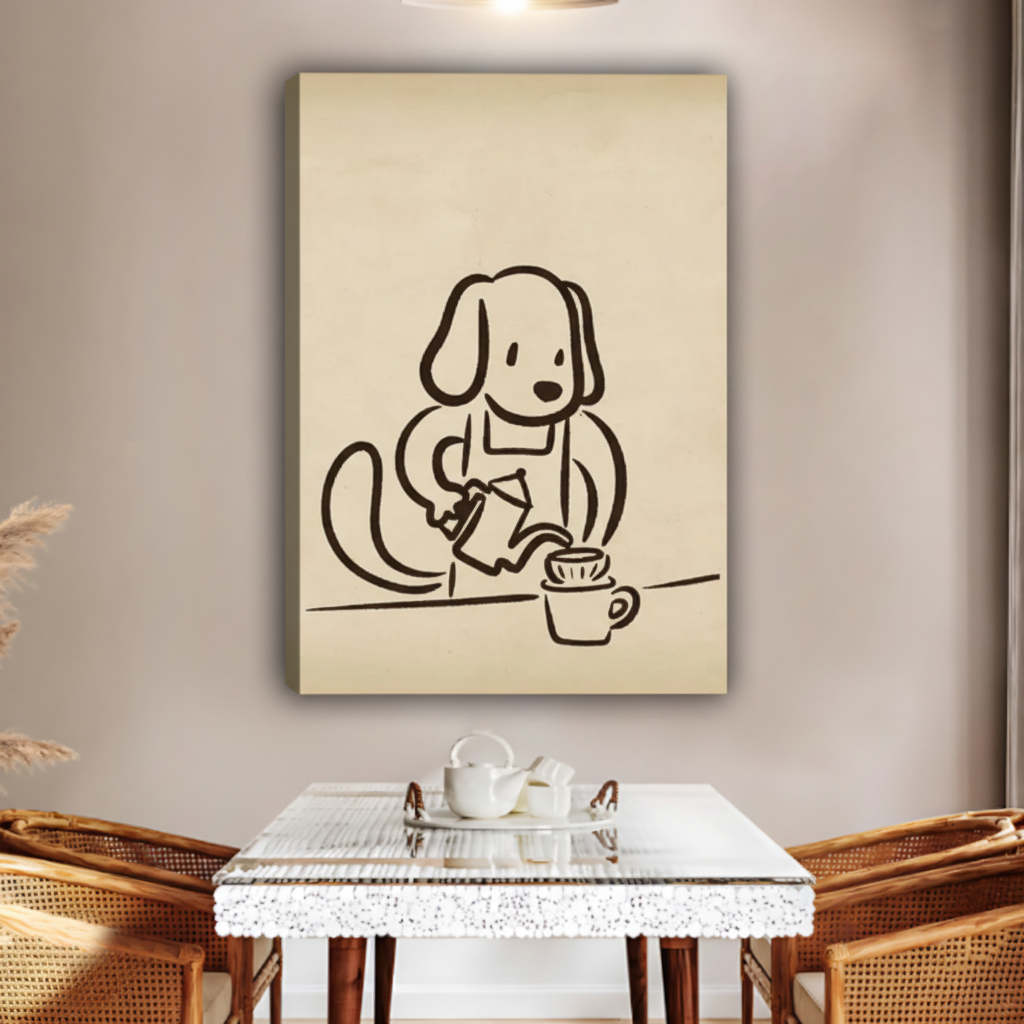 Cute Dog Brewing Coffee Minimalist Line Art Framed Canvas|Liberty Signs#L1774