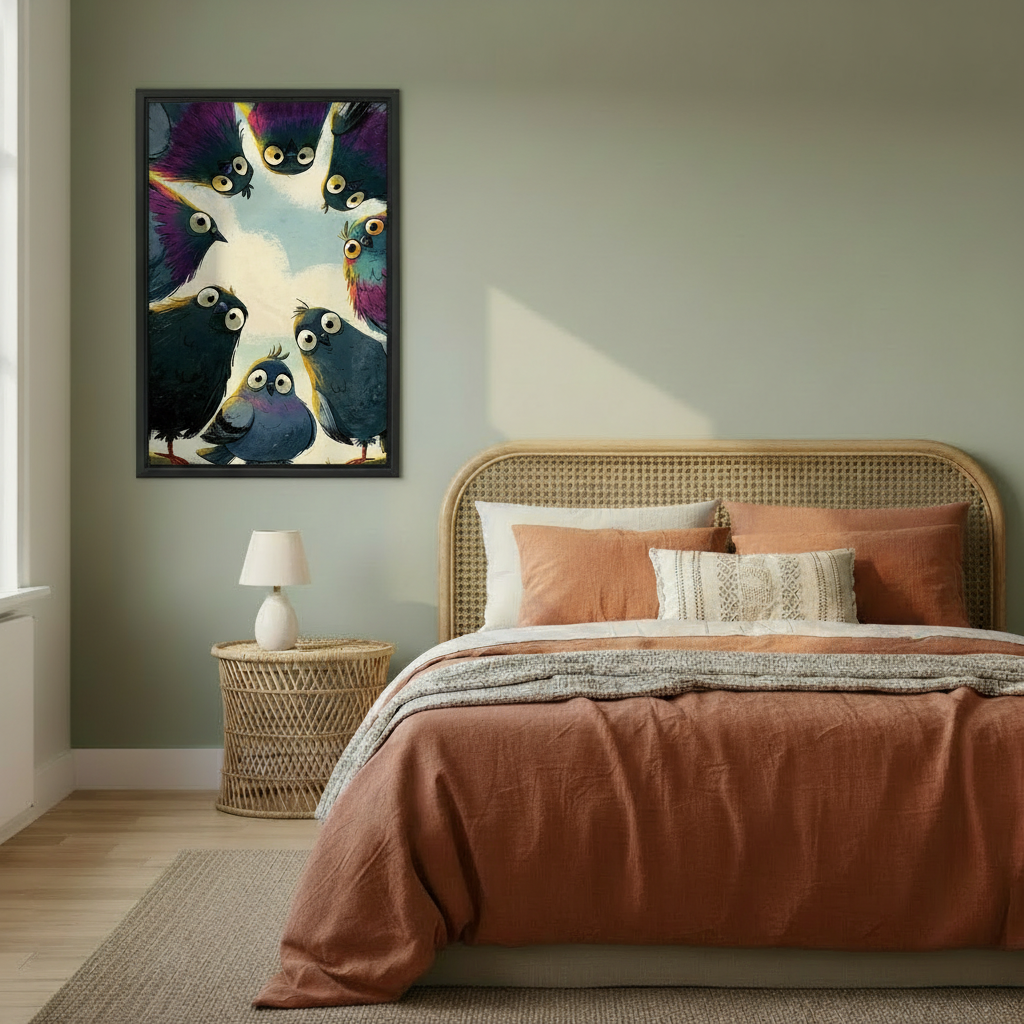 Funny pigeon gang framed canvas wall art in boho bedroom — whimsical colorful bird art for bedroom decor