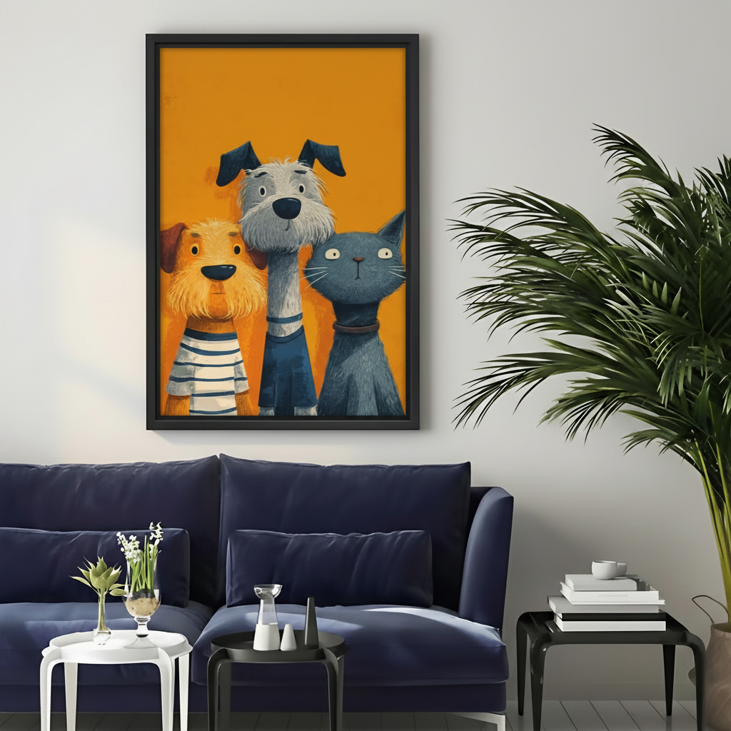 Funny Dogs & Cat Framed Canvas Wall Art – Cartoon Animal Print|Liberty Signs#L1753