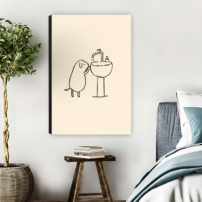 Funny Dog at Sink Minimalist Framed Canvas Wall Art|Liberty Signs #L1677