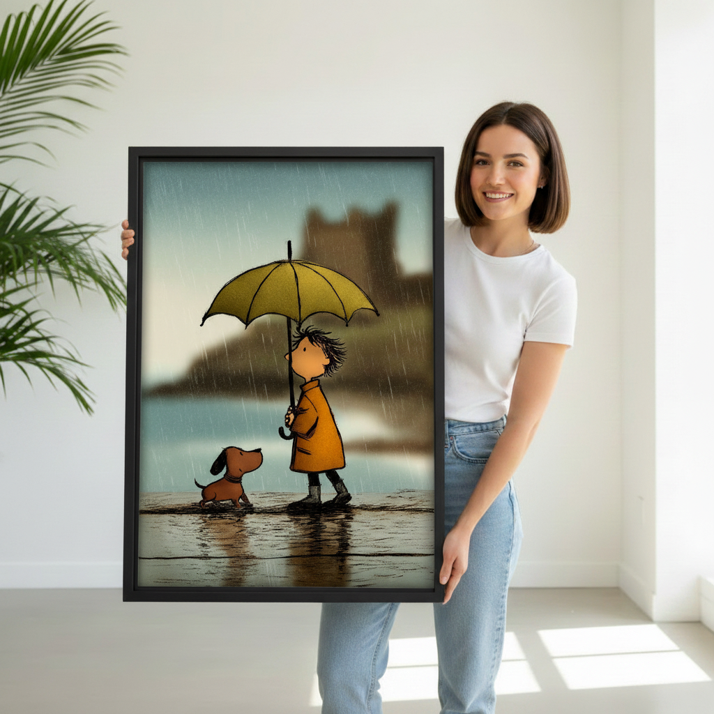 Smiling woman holding rainy day boy and dog illustration framed canvas wall art — pet lover gift idea