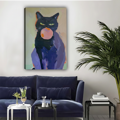 Cool Black Cat Blowing Bubble Gum Abstract Framed Canvas Art|Liberty Signs #L1684