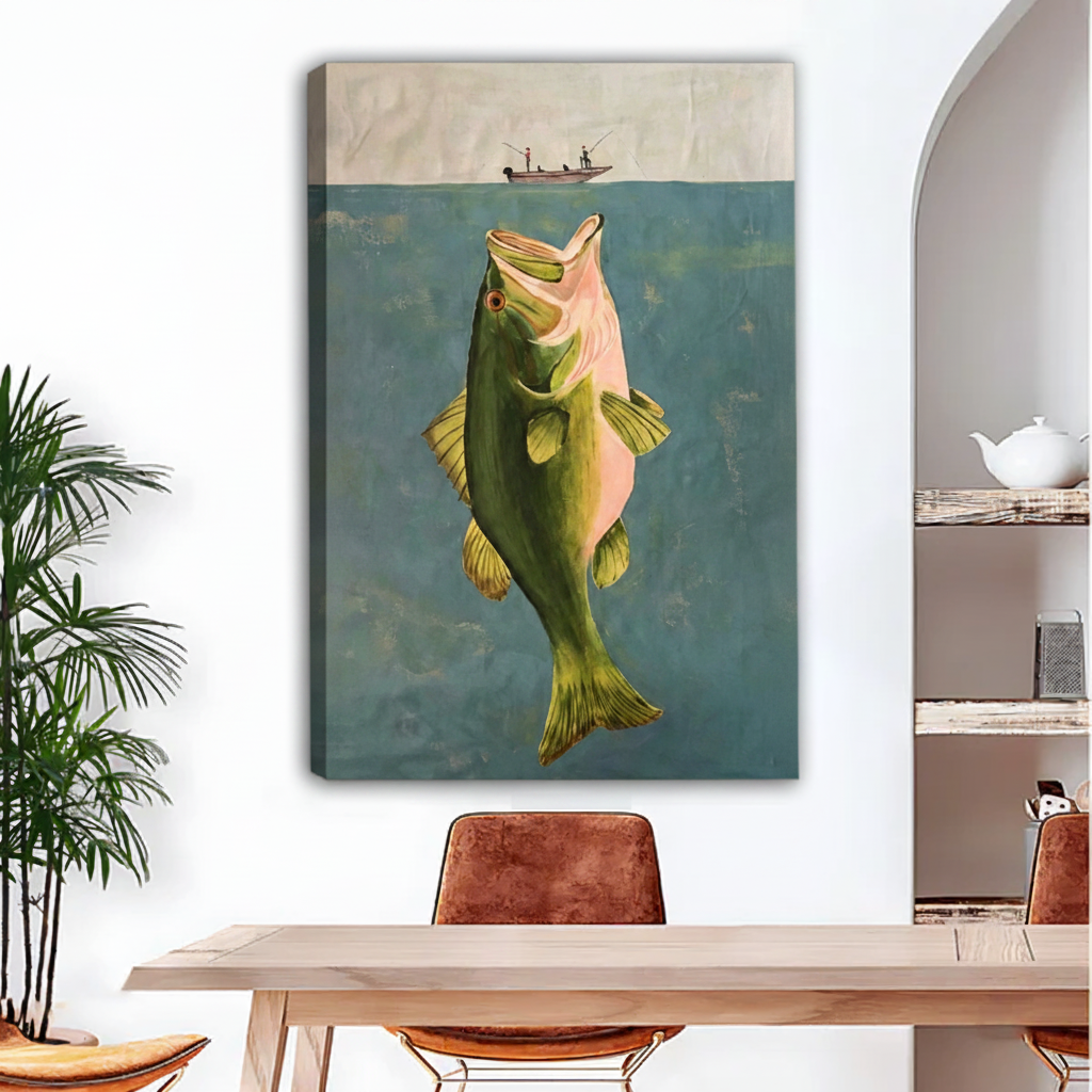 Giant bass fish canvas wall art print in dining room, frameless gallery wrap fishing artwork, vintage style nature decor for kitchen or cabin