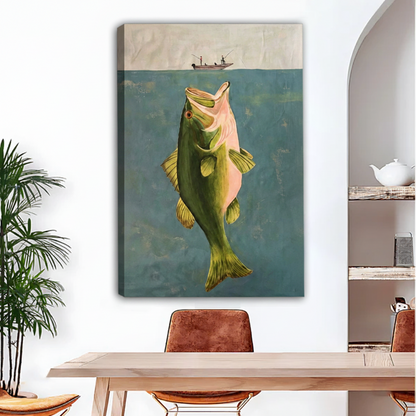 Giant bass fish canvas wall art print in dining room, frameless gallery wrap fishing artwork, vintage style nature decor for kitchen or cabin