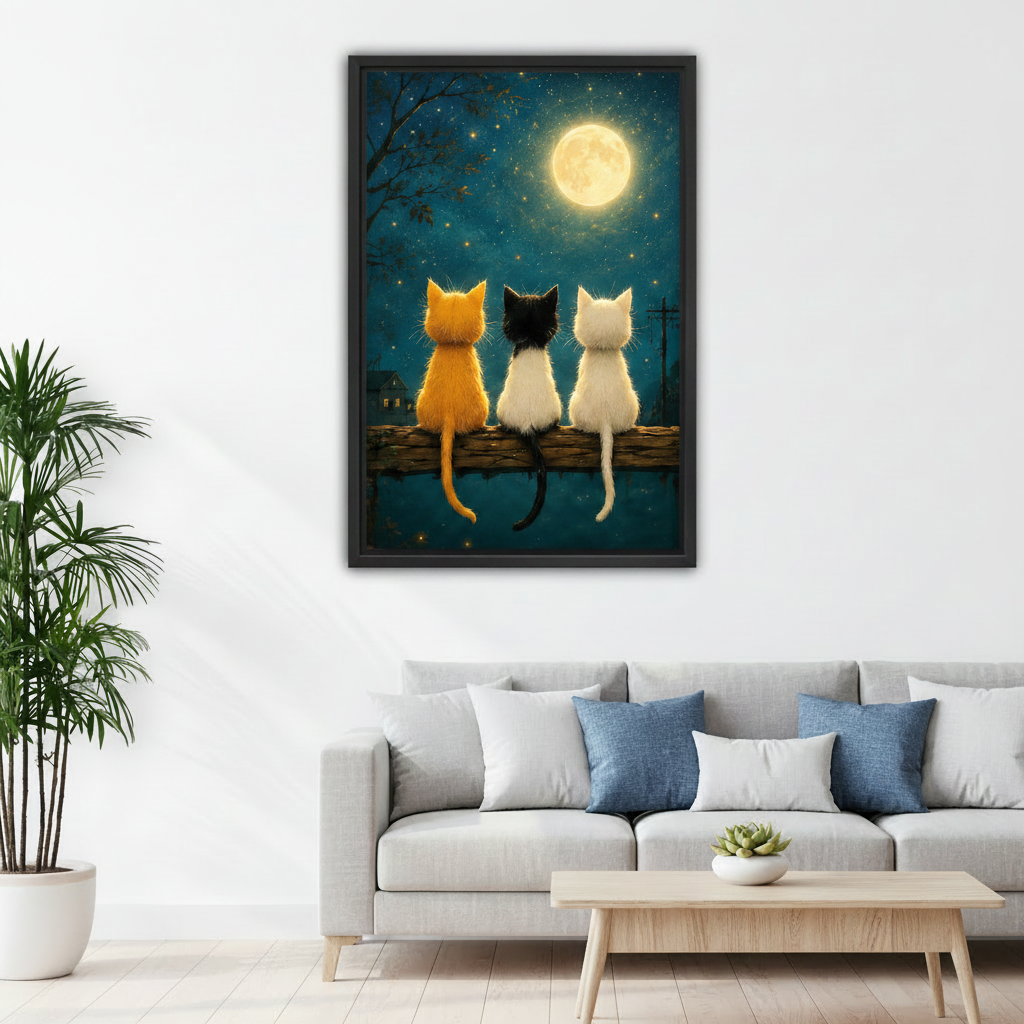 Three cats watching full moon on starry night – whimsical framed canvas wall art for living room