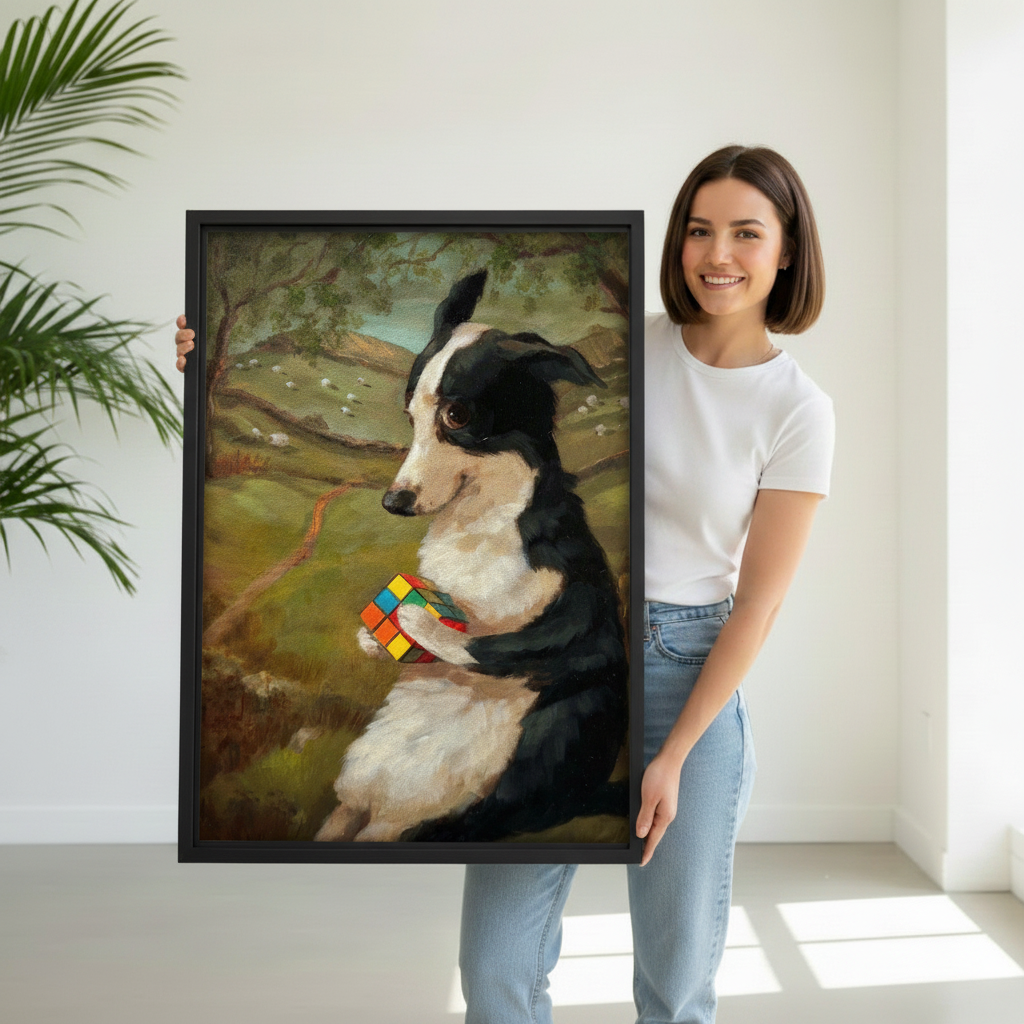  Woman holding large vintage Border Collie framed canvas print with Rubik's Cube, showing size reference