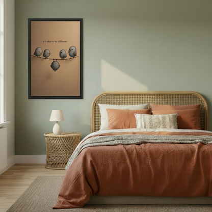 It's okay to be different bird canvas wall art in boho bedroom — whimsical motivational decor above bed