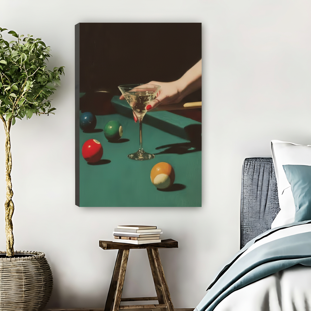 Martini Pool Table Cinematic Oil Painting Framed Canvas Art| Liberty Signs #L1657