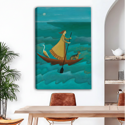 Gallery wrap canvas print of a whimsical woman navigating ocean waves by moonlight with a heron and dog companions, displayed in a contemporary dining space