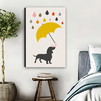 Dachshund Yellow Umbrella Colorful Retro Framed Canvas Wall Art|Liberty Signs #L1672