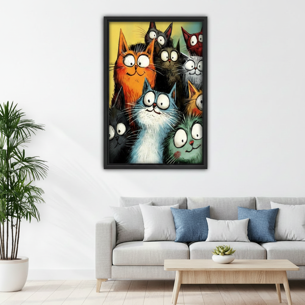 Cartoon cats wall art print above sofa in living room – funny colorful cat canvas decor for modern home