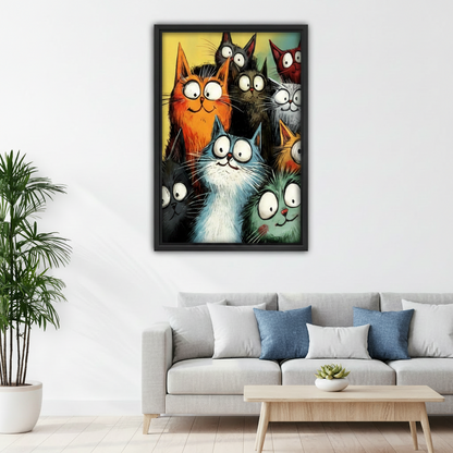 Cartoon cats wall art print above sofa in living room – funny colorful cat canvas decor for modern home