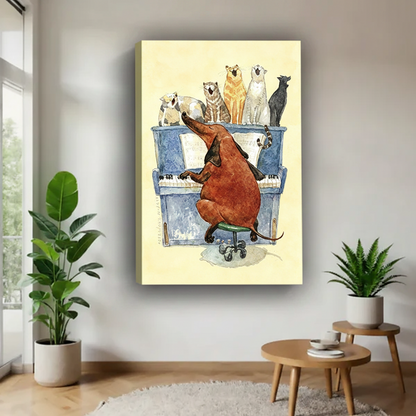 Funny dachshund pianist and choir cats gallery wrap canvas wall art, frameless display in bright modern room