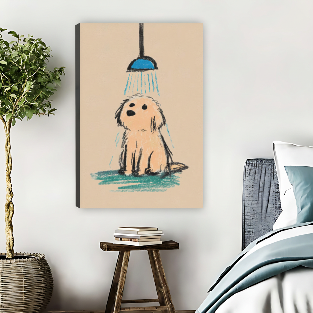 Cute Puppy Bath Time Pastel Sketch Framed Canvas Wall Art|Liberty Signs #L1685