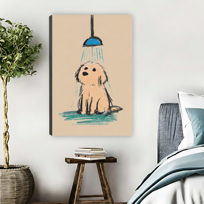 Cute Puppy Bath Time Pastel Sketch Framed Canvas Wall Art|Liberty Signs #L1685