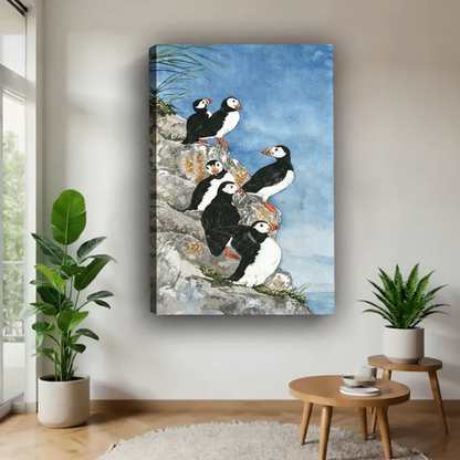Atlantic puffins on rocky cliff gallery wrap canvas wall art, frameless coastal bird watercolor print home decor