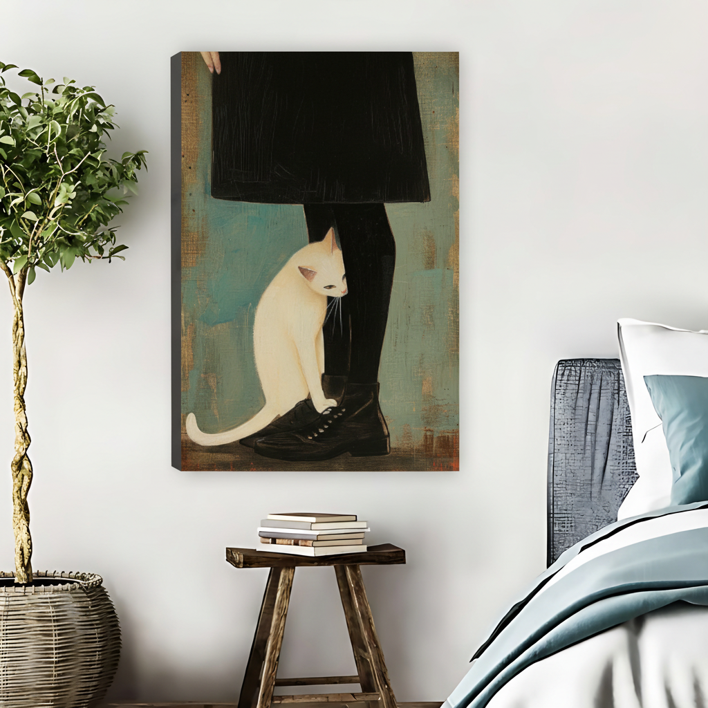 White Cat Black Boots Figurative Oil Painting Framed Canvas Art|Liberty Signs #L1683