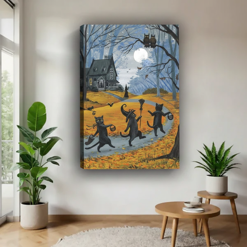 Halloween black cats folk art gallery wrap canvas wall art with visible canvas edge and shadow, frameless spooky autumn home decor