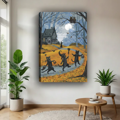 Halloween black cats folk art gallery wrap canvas wall art with visible canvas edge and shadow, frameless spooky autumn home decor
