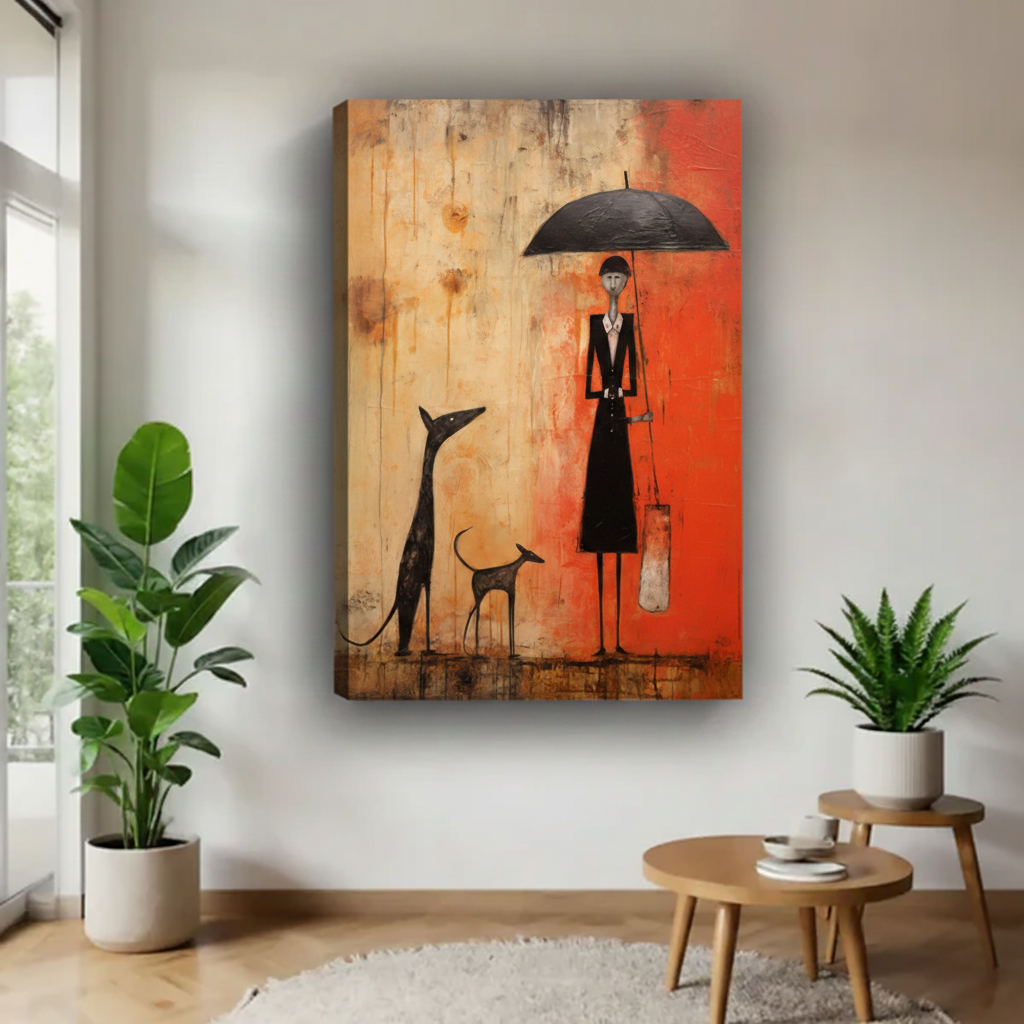 Abstract woman with umbrella and greyhound dogs folk art gallery wrap canvas wall art, frameless with visible canvas edge and wall shadow, bold orange decor