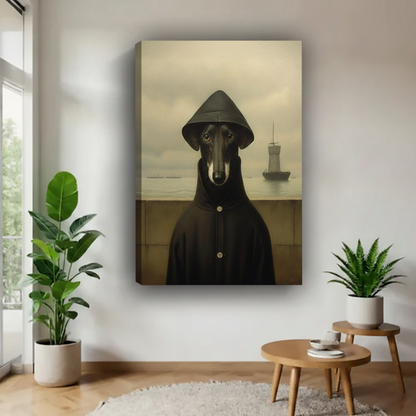 Surrealist greyhound portrait oil painting gallery wrap canvas wall art, frameless with visible canvas edge and wall shadow, moody dark decor