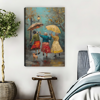 Three Ladies Dancing in Rain Framed Canvas Wall Art| Liberty Signs #L1643