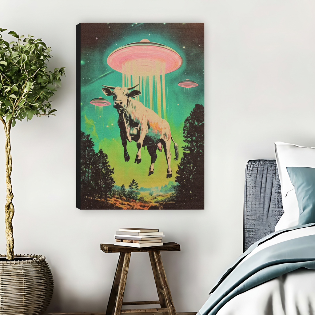 UFO Cow Abduction Retro Neon Poster Framed Canvas Art| Liberty Signs #L1653