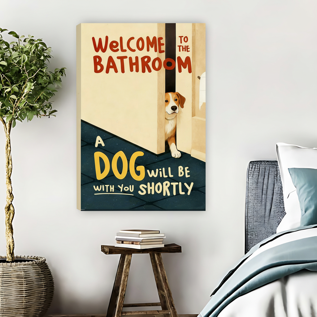 Welcome to the Bathroom Funny Dog Framed Canvas Art| Liberty Signs #L1650