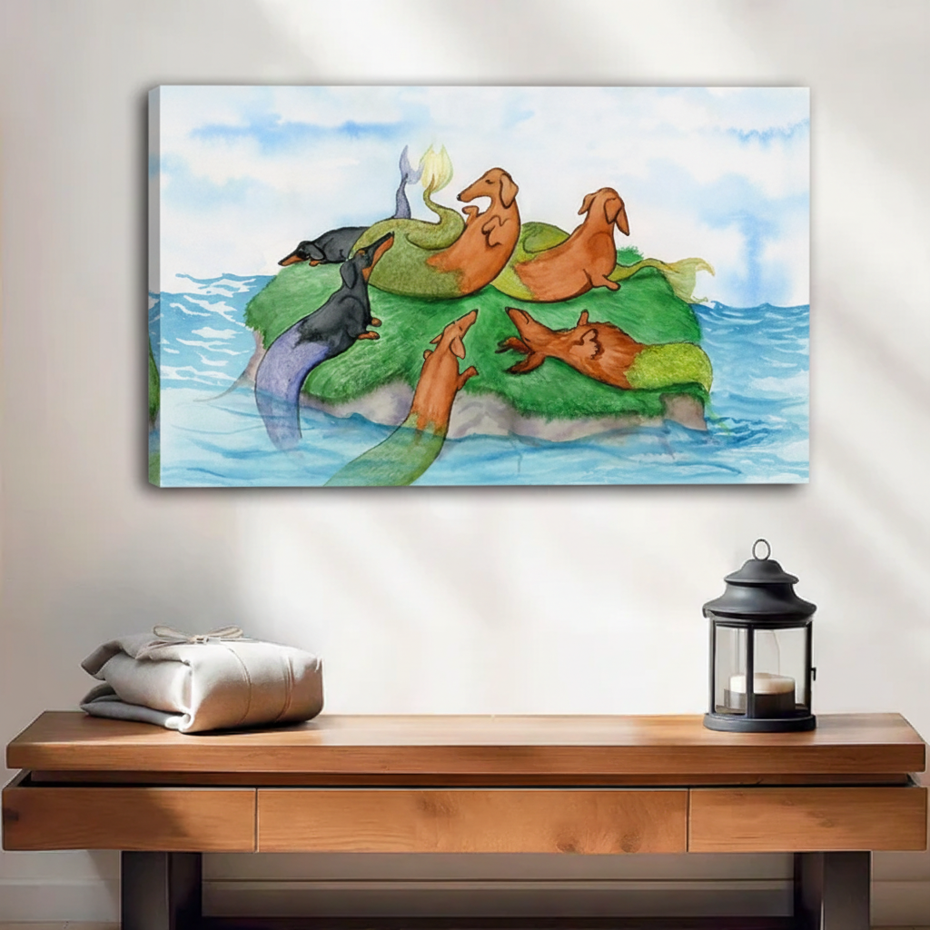 Dachshund watercolor gallery wrap canvas print with image-wrap edge above wooden console table
