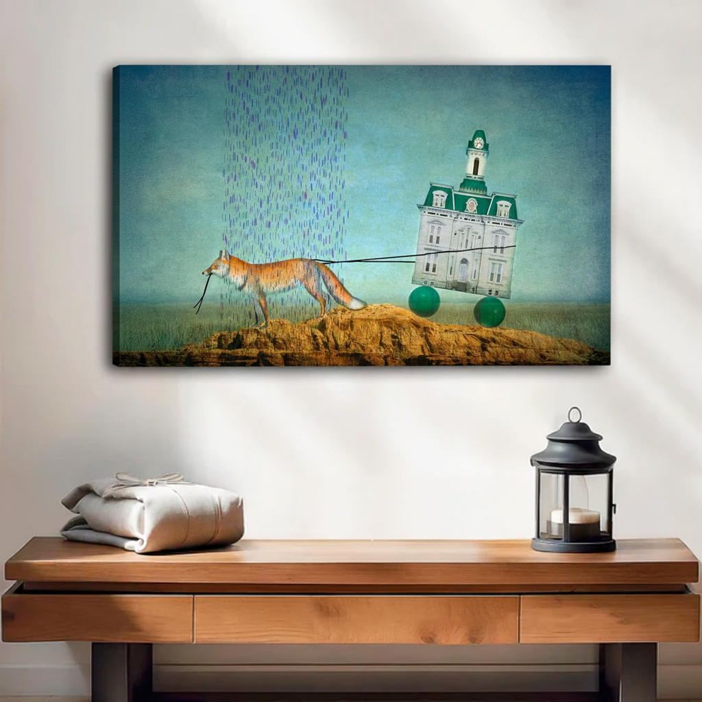 Fox pulling building whimsical gallery wrap canvas print with image-wrap edge above console table