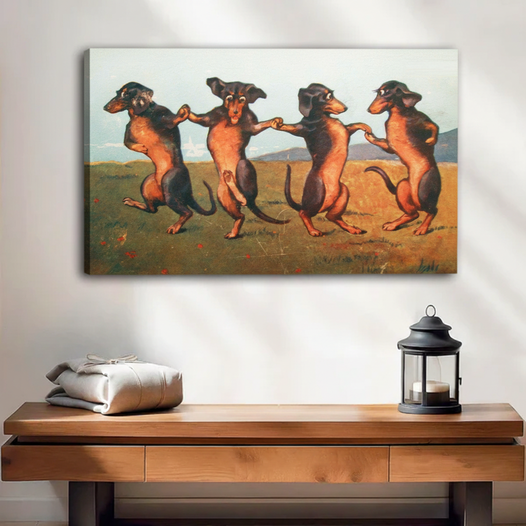 Whimsical dancing dachshunds gallery wrap canvas print vintage dog art living room decor