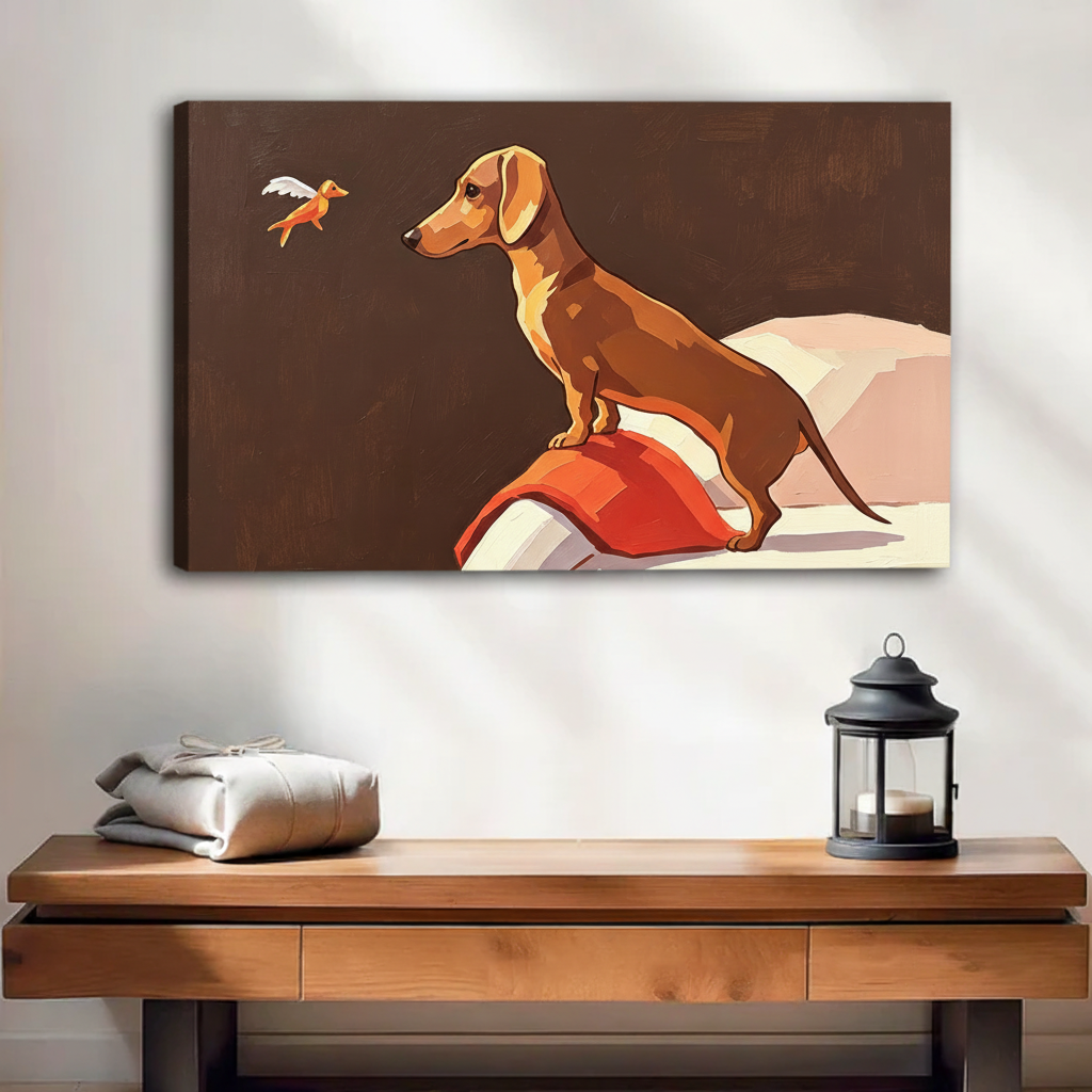 Dachshund watching bird gallery wrap canvas print with image-wrap edge above wooden console table