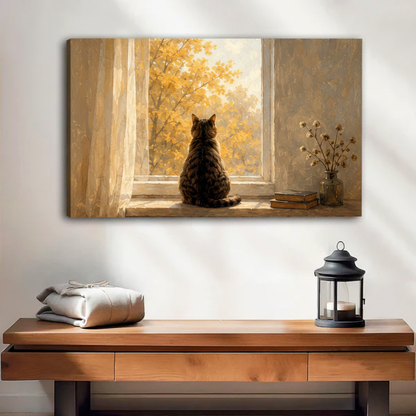 Frameless cat watching golden autumn leaves canvas art print above dark wood console table