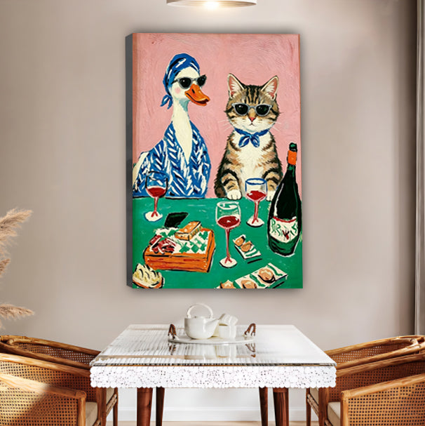 Duck & Cat Wine Night Funny Animal Framed Canvas Art|Liberty Signs #L1667