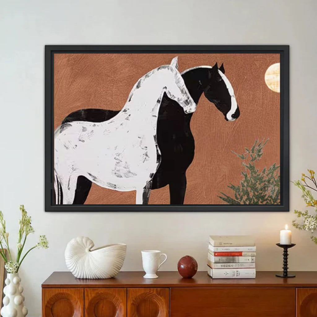 Black White Paint Horse Moon Western Framed Canvas Wall Art|Liberty Signs#L1899