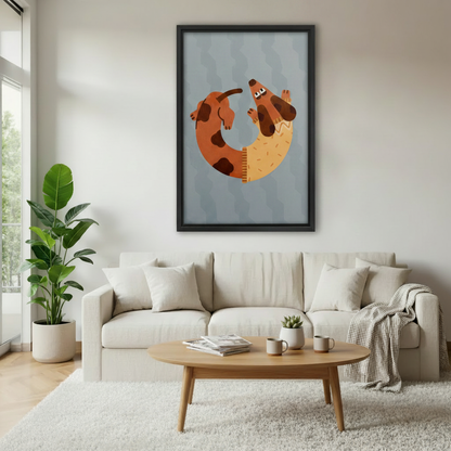 Funny dachshund circle framed wall art print in modern living room above white sofa — whimsical pet home decor