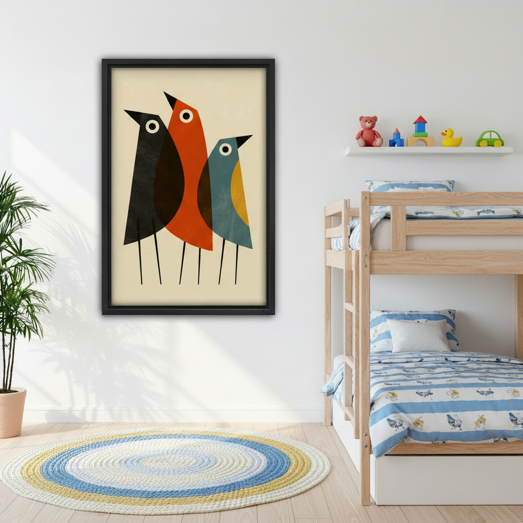 Mid-century modern geometric birds framed wall art, Scandinavian living room sofa decor, abstract bird print, cream and earth tones