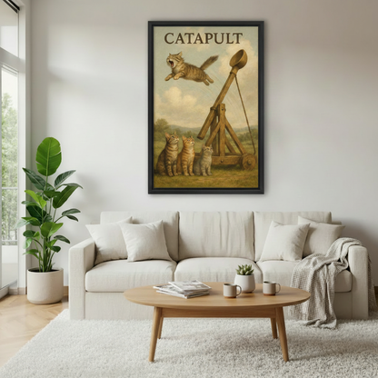 Catapult funny cat vintage framed canvas hanging in modern living room with plants — humorous animal wall art decor
