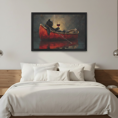 Dark academia black cat with wine in red boat canvas print — woman holding framed art in a bright modern interior