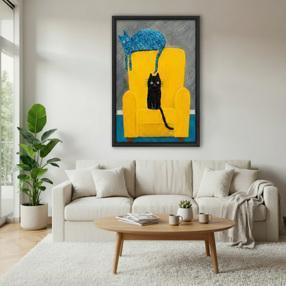 Colorful two cats yellow chair canvas wall art above cream sofa — bold impasto cat print, modern living room decor