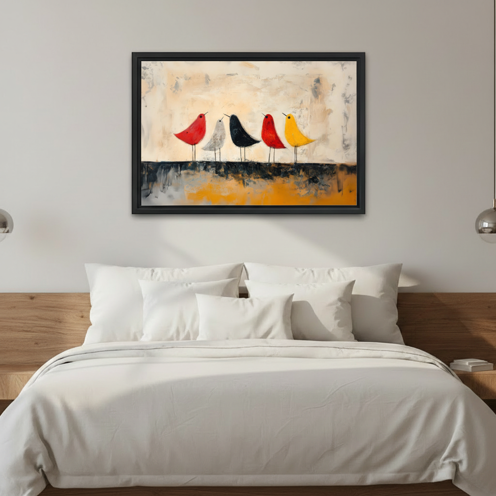 Abstract colorful birds framed wall art, black frame, minimalist oil painting red white black yellow birds on textured beige background, styled above a bed in a clean modern bedroom with wood headboard and white bedding