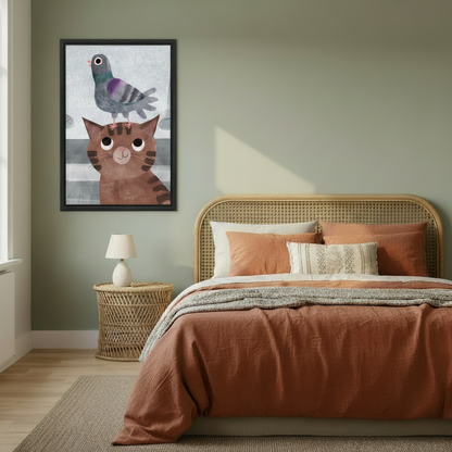 Cat and pigeon on head framed wall art, black frame, whimsical cartoon illustration grey blue background, styled beside a rattan headboard bed in a warm sage green boho bedroom with terracotta bedding