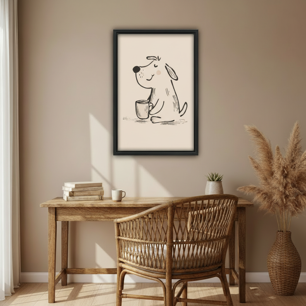 Cozy dog hugging coffee cup smiling minimalist hand-drawn wall art print in black frame above rustic oak desk with rattan chair pampas grass vase and succulent in warm boho home office