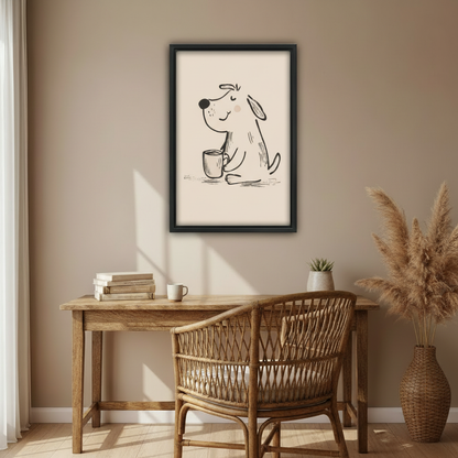 Cozy dog hugging coffee cup smiling minimalist hand-drawn wall art print in black frame above rustic oak desk with rattan chair pampas grass vase and succulent in warm boho home office
